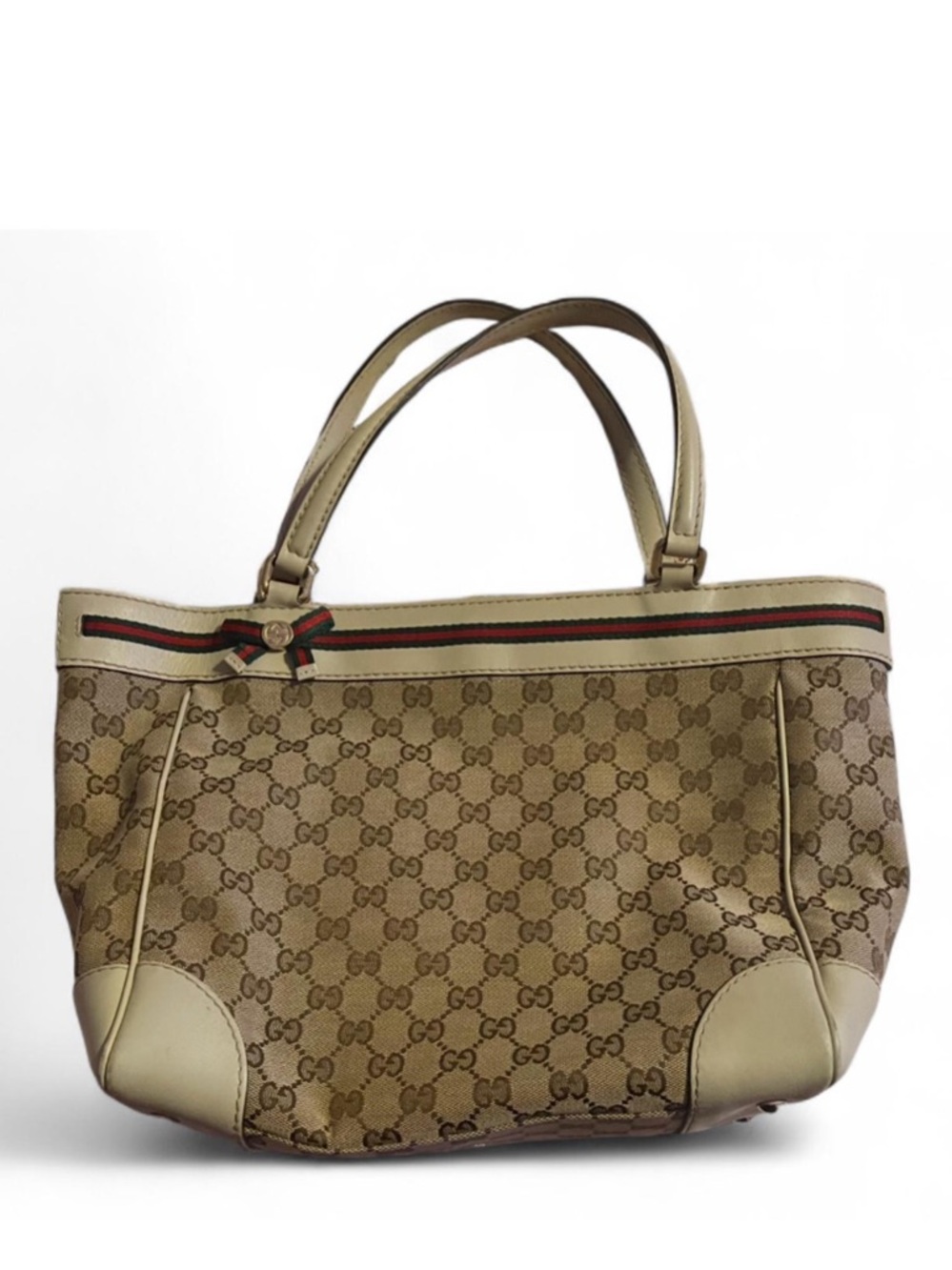 Gucci Beige GG Canvas Tote with Cream Leather Trim and Web Stripe - Picture 1 of 4